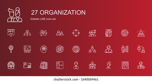 organization icons set. Collection of organization with user, sitemap, businessman, folder, skills, hierarchical structure, employee. Editable and scalable organization icons.