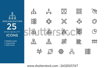 Organization Icons Set – Vector Collection of Hierarchy, Leadership, Employee Network, and Gear Settings Symbols for Web and App