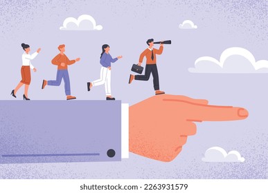 Organization lead team. Big hand in suit with people. Leader and boss with subordinates. Setting goals and organizing effective workflow. Office staff management. Cartoon flat vector illustration