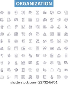 Organization line icons, signs set. Organize, Group, Arrange, Alliance, Aggregate, Coalition, Collect, Corporation, Club outline vector illustrations.