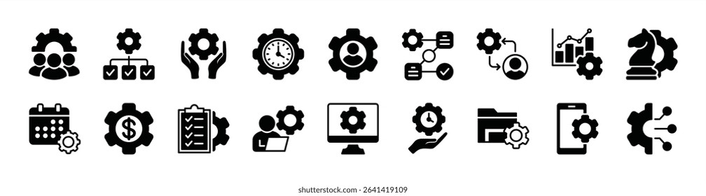 Organization management icon set. Contains manage time, employee structure hierarchy, workflow, plan, strategy, clipboard task checklist, schedule, finance, device development, gear. Vector 