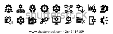 Organization management icon set. Contains manage time, employee structure hierarchy, workflow, plan, strategy, clipboard task checklist, schedule, finance, device development, gear. Vector 