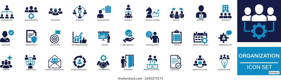 Organization Management Icon Set Flat vector icons representing leadership, teamwork, planning, strategy, business operations. Ideal for corporate, HR, productivity related designs. Customizable icon