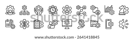 Organization management icon vector set. Contains manage time, employee structure hierarchy, workflow, plan, strategy, clipboard task checklist, schedule, finance, device development, gear