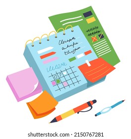 Organization and management, schedules and appointments in calendars. Optimization of working tasks and deadlines. Notebook and sticky notes with pencil for writing down. Vector in flat style