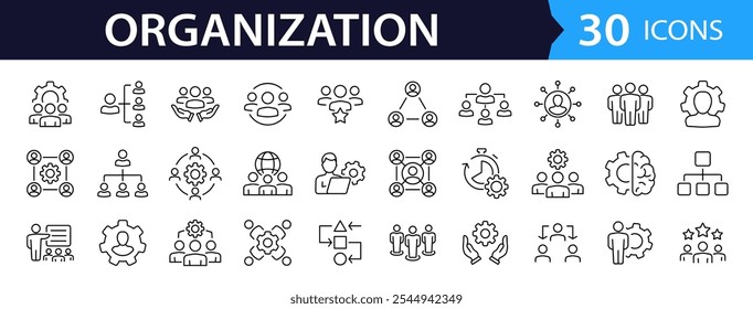 Conjunto de ícones da Web de gerenciamento da organização em estilo de linha. Coleção de ícones lineares de recursos humanos. Contendo empresários, trabalho em equipe, estrutura, hierarquia, liderança e muito mais. Traçado editável