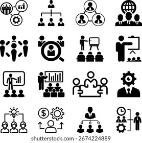 Conjunto de iconos web de gestión de Organizaciones en estilo de línea. Colección de iconos lineales de recursos humanos. Contiene gente de negocios, trabajo en equipo, estructura, jerarquía, liderazgo y más.