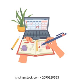 Organization and management of tasks and workflow, laptop with application of calendar showing deadlines and assignments. School schedule for educational purposes or business tool, vector in flat