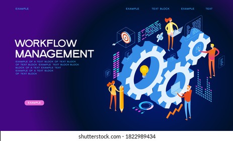 Organization and management of the workflow. Design and automation of work processes. Increase the productivity of your office. Banner template. Flat isometric vector illustration.