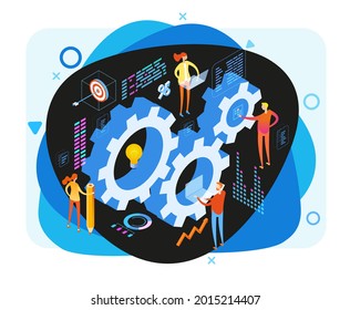 Organization and management of the workflow. Design and automation of work processes. Increase the productivity of your office. Banner template. Flat isometric vector illustration.