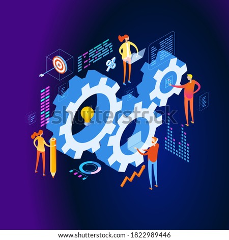 Organization and management of the workflow. Design and automation of work processes. Increase the productivity of your office. Banner template. Flat isometric vector illustration.