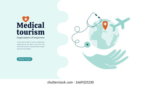 Organization of medical tourism, treatment all over the world. Vector illustration of helping hand with Earth and airplane. Globe and stethoscope on white background. Layout, flyer, web page concept.