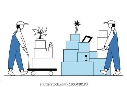 The organization of the move. Movers carry boxes with things. Driven on a cart. Minimalistic vector Illustration