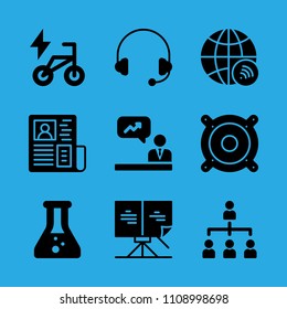 organization, newspaper, analytics, bike, speaker, sheet music, chemistry, worldwide and headphones vector icon. Simple icons set