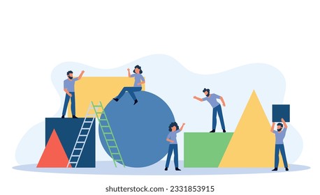 Organization partnership character create geometric puzzle man and woman. Business person vector illustration concept background. Teamwork building piece jigsaw shape. Connect basic block figure