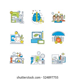 Organization and planning, management and design, creativity and education, research, finance, investment, icons set over white background. Flat line icons for infographics design elements.