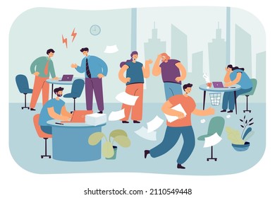 Organization problems of business people at office workplace. Unorganized male and female employees running in panic, conflict between boss and worker flat vector illustration. Deadline, chaos concept