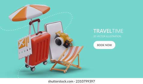 Organization of recreation through phone application. Program for choosing flight, resort, beach, hotel, interesting photo locations. Horizontal poster for PPC advertising with button and 3D objects