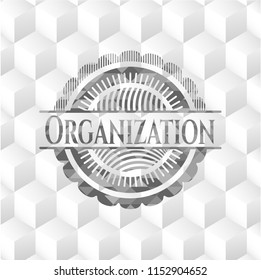 Organization retro style grey emblem with geometric cube white background