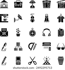 Organization Solid Icons Set. Such as database, compass, email, pencil, scale, pen, shirt, glasses, bank, mouse, scissor, briefcase, headphone, mobile phone, air conditioner, paper.
