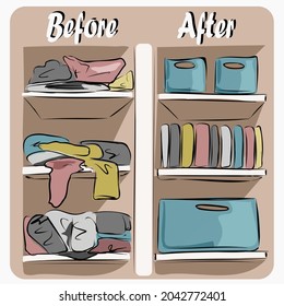 Organization of space, basic wardrobe. Before and after. Apartment cleaning, order, things on the shelves. Wardrobe with things before and after cleaning. Comfort, furniture. Isolated vector objects.