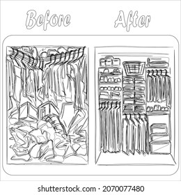 Organization of space, basic wardrobe. Before and after. Apartment cleaning, order, things on the shelves. Wardrobe with things before and after cleaning. Comfort, furniture. Isolated vector objects.