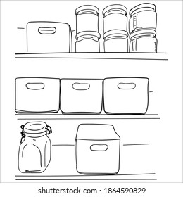 organization of storage. cleaning the house. pantry, wardrobe, shelves. to clean up. jars, boxes, containers. Kitchen Cabinet. jar of cereals. Jam. homework around the house. beautifully.  vector 