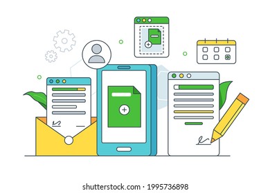 Organization Storage Of Online Documentation Vector Illustration. Income And Outcome Mail, Agreement, Doc Flat Style. Correspondence Concept