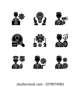 Organization structure black glyph icons set on white space. IT department. Generating ideas. Advertisement. Human resource. Operations management. Silhouette symbols. Vector isolated illustration