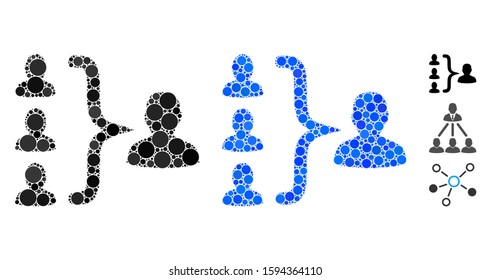 Organization structure composition of spheric dots in variable sizes and color tones, based on organization structure icon. Vector round dots are organized into blue composition.