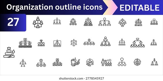 Organization structure outline icons set. hierarchy, teamwork, leadership, management, business chart, corporate team, workflow, people network