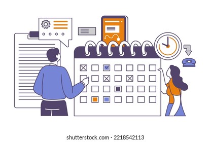 Organization of tasks and time management, setting appointments and scheduling meetings in calendar. Deadlines and events needed attendance. Boss with secretary helping. Vector in flat style