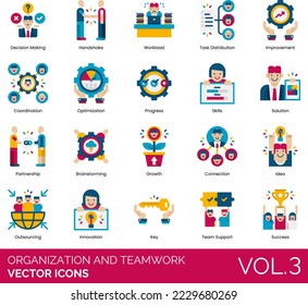 Iconos de organización y trabajo en equipo que incluyen acción, análisis, lluvia de ideas, calendario, lista de verificación, elección, portapapeles, comunicación, conferencia, conexión, control, cooperación, coordinación, decisión 
