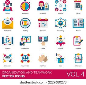 Iconos de organización y trabajo en equipo que incluyen acción, análisis, lluvia de ideas, calendario, lista de verificación, elección, portapapeles, comunicación, conferencia, conexión, control, cooperación, coordinación, decisión 