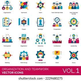 Organization and Teamwork Icons including Action, Analysis, Brainstorming, Calendar, Checklist, Choice, Clipboard, Communication, Conference, Connection, Control, Cooperation, Coordination, Decision 
