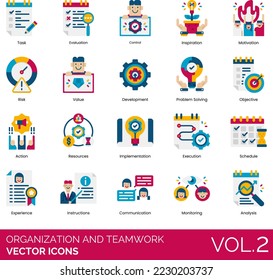 Organization and Teamwork Icons including Action, Analysis, Brainstorming, Calendar, Checklist, Choice, Clipboard, Communication, Conference, Connection, Control, Cooperation, Coordination, Decision 