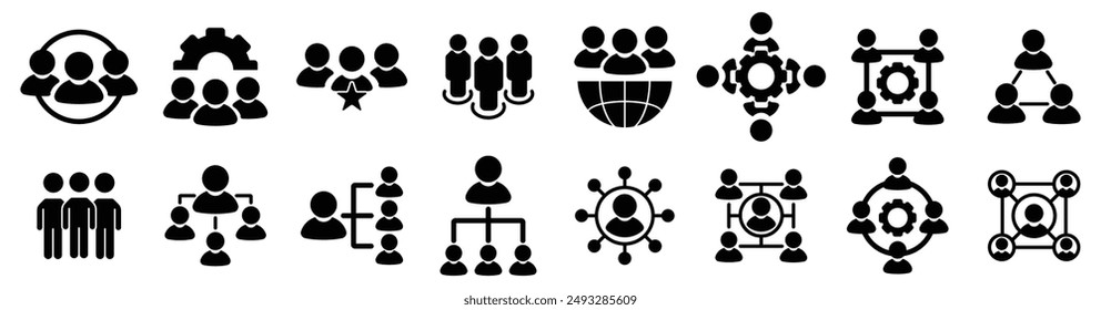 Conjunto de iconos de línea fina de Organización. Conteniendo personas, grupo, jerarquía, estructura, empresa, liderazgo, trabajo en equipo, redes, negocio, equipo, colaboración, comunidad, conexión. Ilustración vectorial