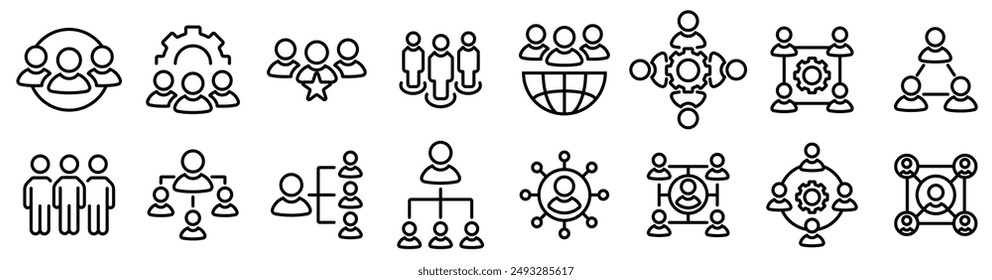 Organization thin line icon set. Containing people group, hierarchy, structure, company, leadership, teamwork, networking, business, team, collaboration, community, connection. Vector illustration