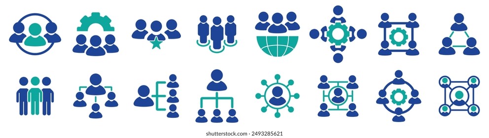 Organization thin line icon set. Containing people group, hierarchy, structure, company, leadership, teamwork, networking, business, team, collaboration, community, connection. Vector illustration