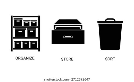 Organization vector icons set: organize, store, sort. Shelf with boxes, filing cabinet, and trash can vector symbols.