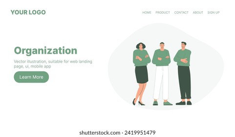 Organización. Diseño de página de inicio web. Ilustración de vectores de dibujos planos. Ilustración vectorial, adecuada para página web de aterrizaje, ui, aplicación móvil.