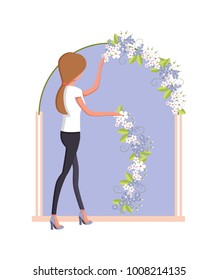 Organization of wedding done by woman, decorating arc for couple with flowers in blossom and green leaves, vector illustration isolated on white