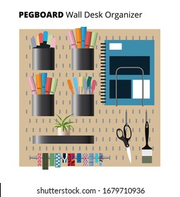 Organization White Peg Board System. Pegboard Organizer Home Office. Vector Illustration.