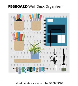 Organization white peg board system. Pegboard organizer home office. Vector illustration.