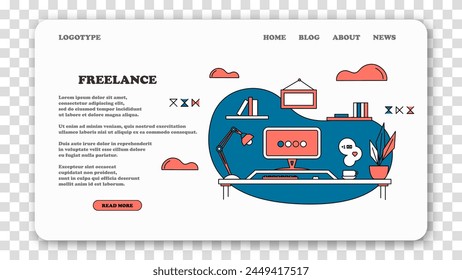 Organization of work process in the house. Remote work benefits. Distant work. Freelance. Homework. Scene of organization and workflow improvement. Landing page concept vector illustration.