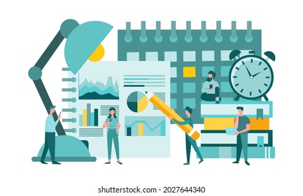 Organización del flujo de trabajo. Trabajo en equipo, plazo en el cargo. Calendario y gráficos. Ilustración vectorial de concepto.