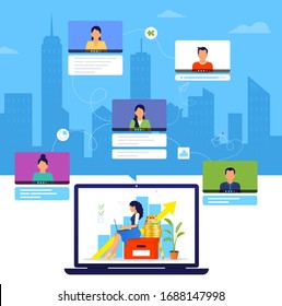 Organization of a workflow or training over the Internet. Young woman working from home during Covid-19. Online business training. Working managed remotely by a leader. Remote work from home.
