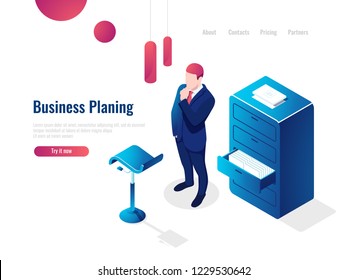 Organization of the working process isometric, work with documents, paperwork, the man thinks brainstorming, office interior people vector