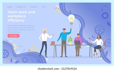 Organization of workplace for efficiency website. People in office working together with business idea planning. Team do business in new reality flat style. Colleagues coworking, brainstorming at work