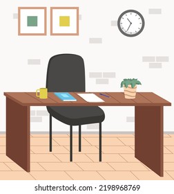 Organization workplace of employee. Design of worspace room, space for working in office. Arrangement of furniture table with computer and chair in interior. Place for working with technology at home